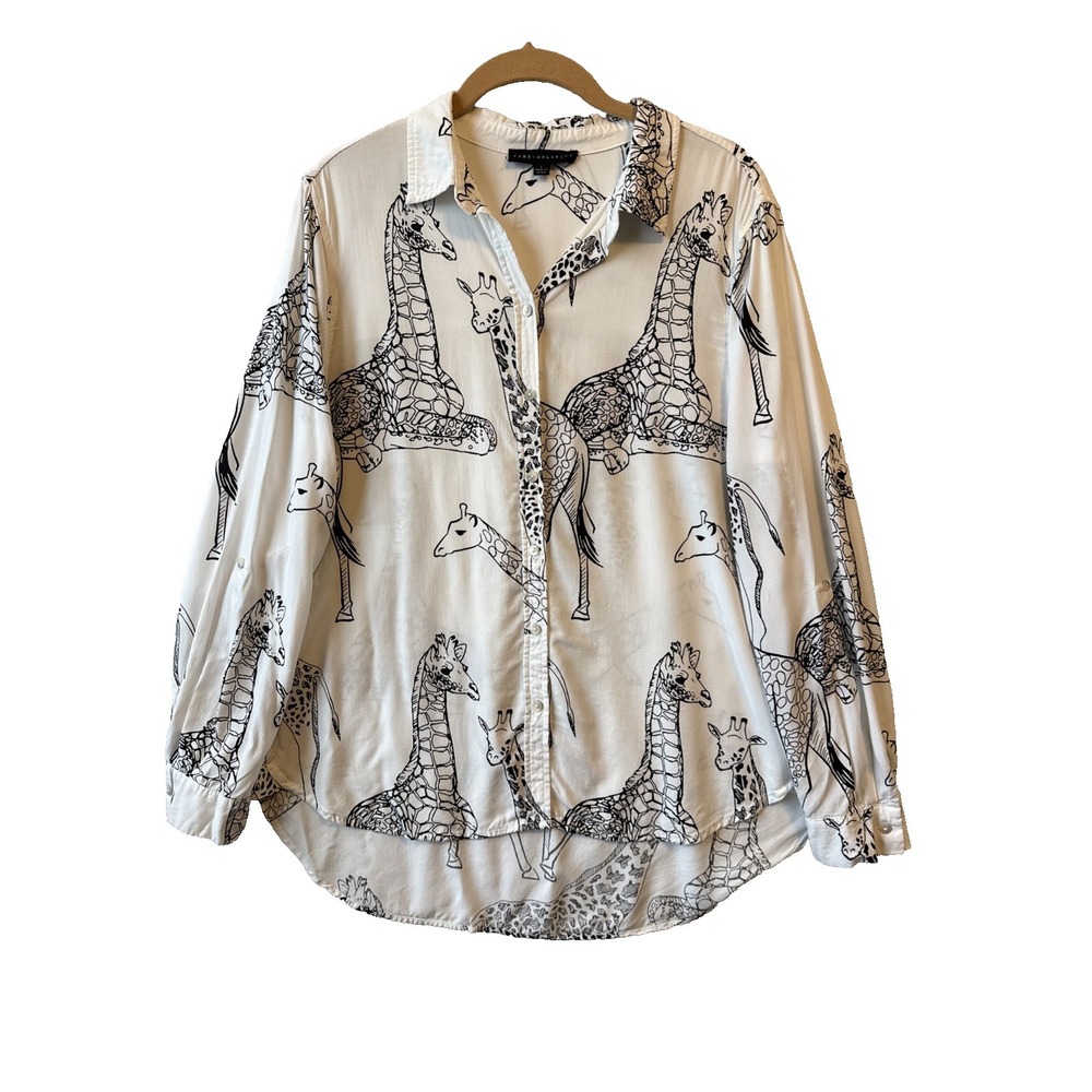 Jane & Delancey Giraffe Print Roll Tab Sleeve Button Up Top L Whimsical Safari